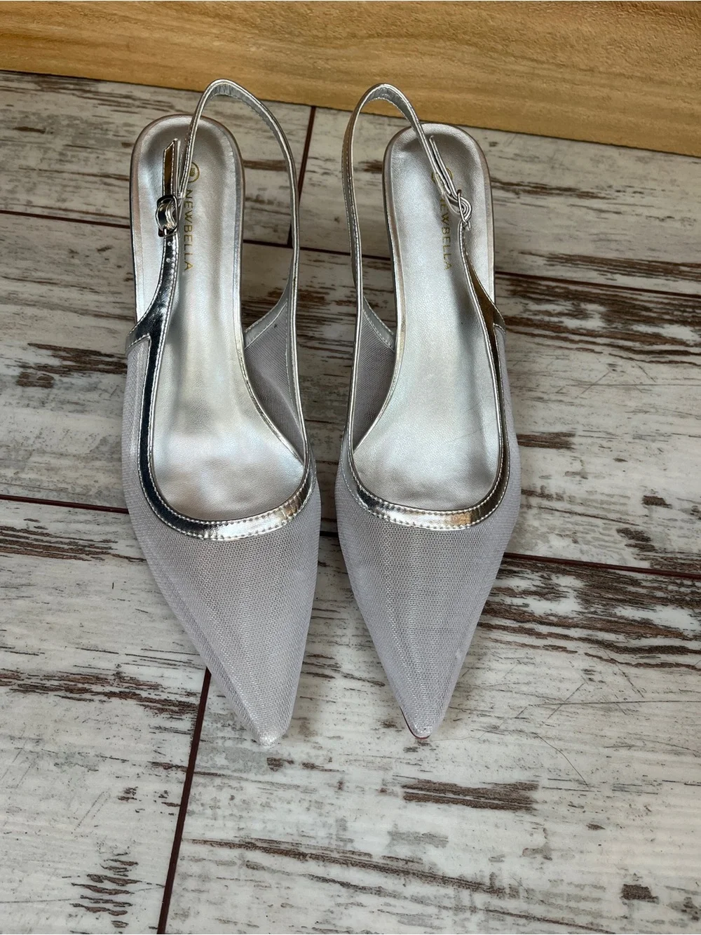 Newbella Womens 10 Silver Mesh Pointed Toe Slingback Heels 3